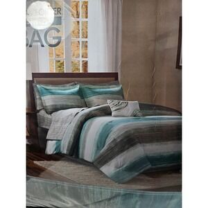 MADISON PARK King 8 Pc Comforter Sheet Bedskirt Set Teal Gray White Ombre